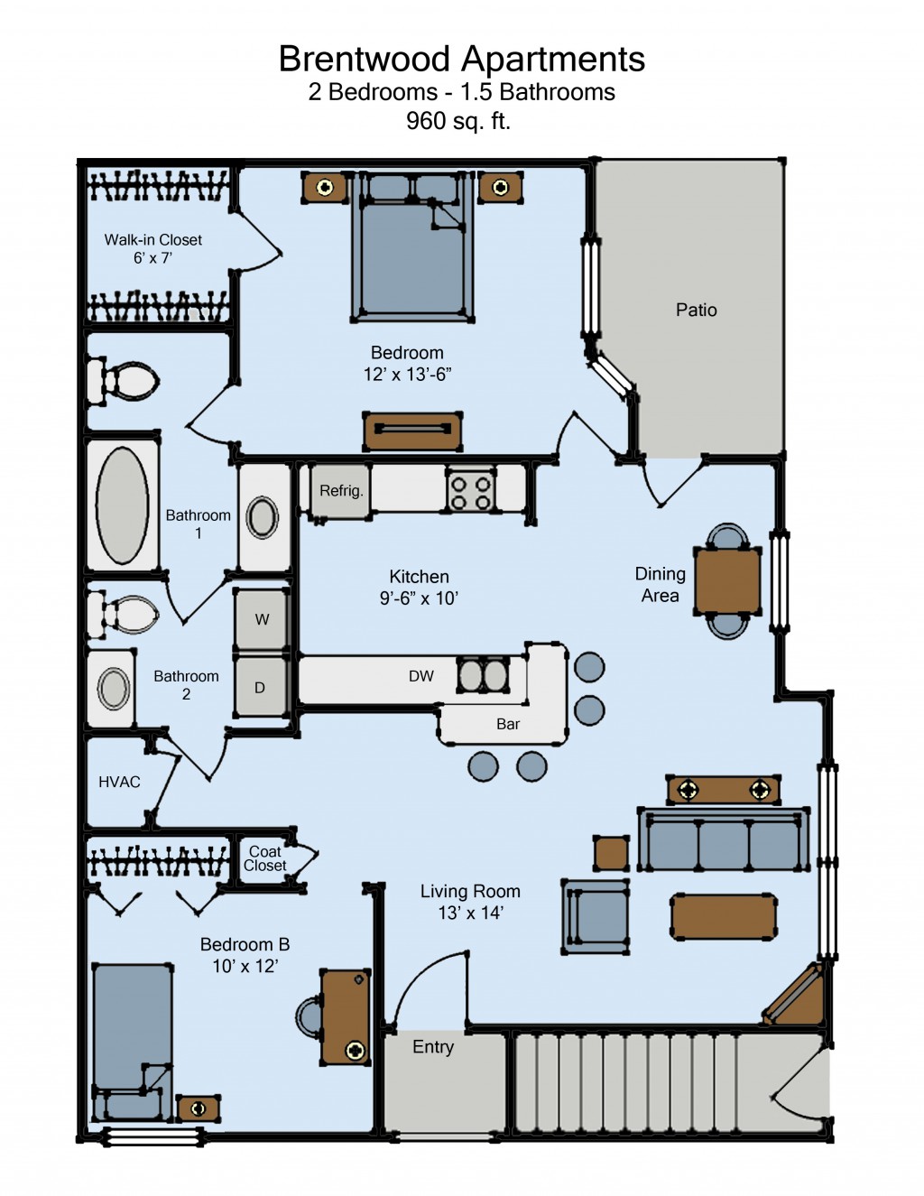 Brentwood Court Apartments - 2 Bed 1 1/2 Bath with Garage